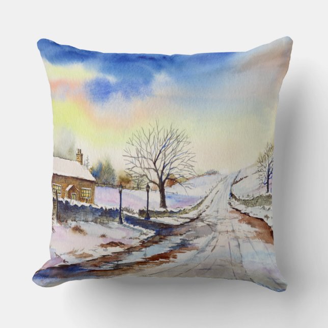 Wintery Lane Watercolor Landscape Painting Cushion (Front)