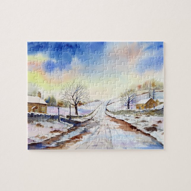 Wintery Lane Watercolor Landscape Painting Jigsaw Puzzle (Horizontal)