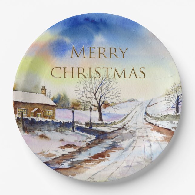 Wintery Lane Watercolor Landscape Painting Paper Plate (Front)