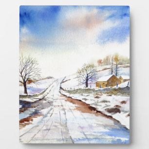 Wintery Lane Watercolor Landscape Painting Plaque