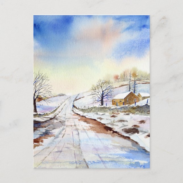 Wintery Lane Watercolor Landscape Painting Postcard (Front)