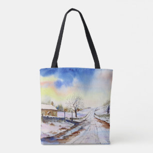 Wintery Lane Watercolor Landscape Painting Tote Bag