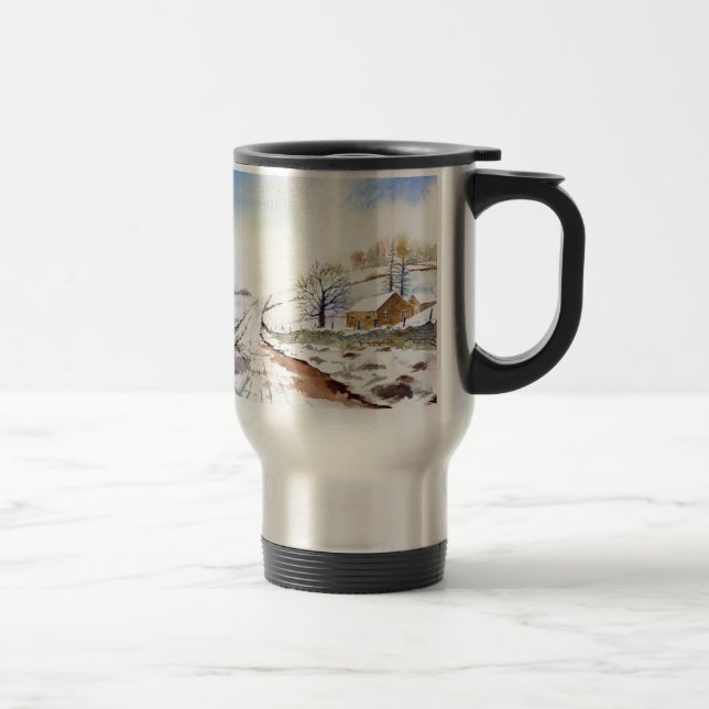 Wintery Lane Watercolor Landscape Painting Travel Mug (Right)