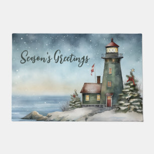 Wintery Lighthouse Season's Greetings Christmas Doormat