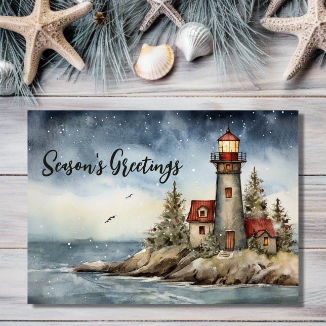 Wintery Lighthouse Season's Greetings Christmas Holiday Card (Front - Wintery Lighthouse Season's Greetings Christmas Holiday Card)