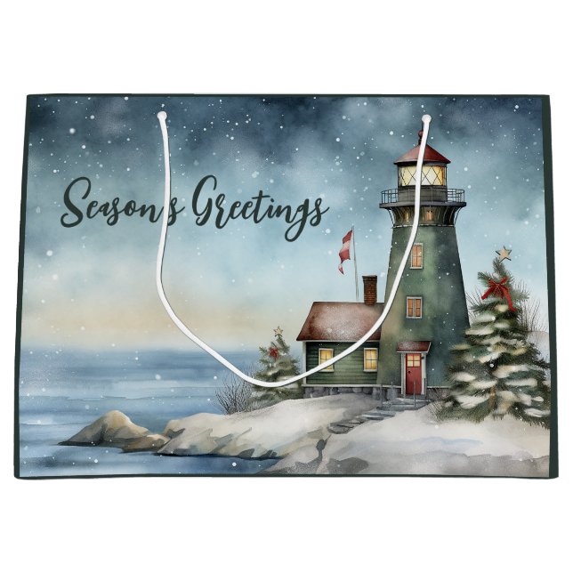 Wintery Lighthouse Season's Greetings Christmas Large Gift Bag (Front)