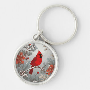 Wintery Red Cardinal Bird  Key Ring