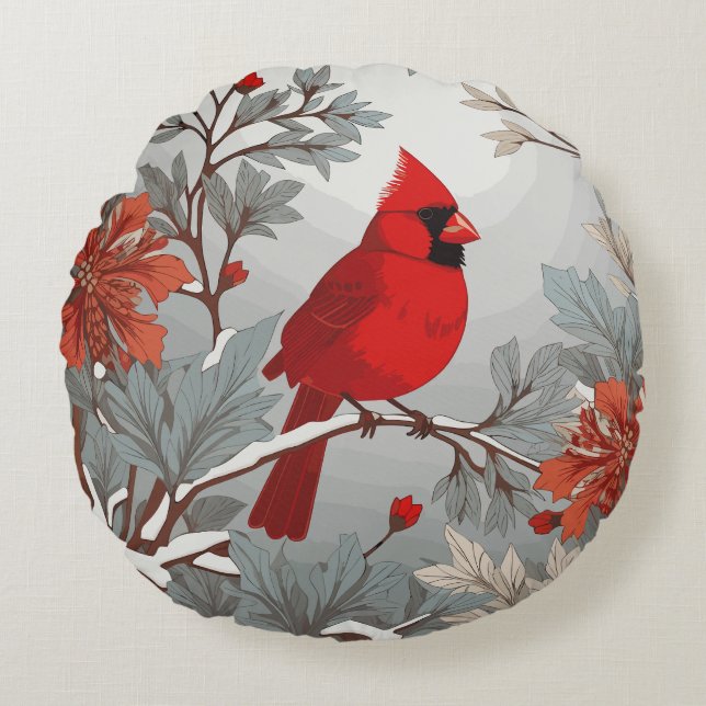 Wintery Red Cardinal Bird  Round Cushion (Front)