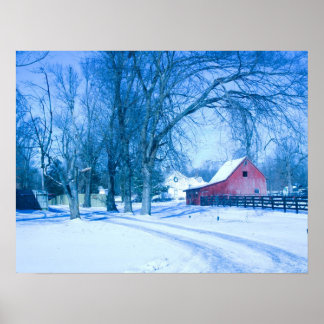 Wintery scene showing red barn in snow. poster