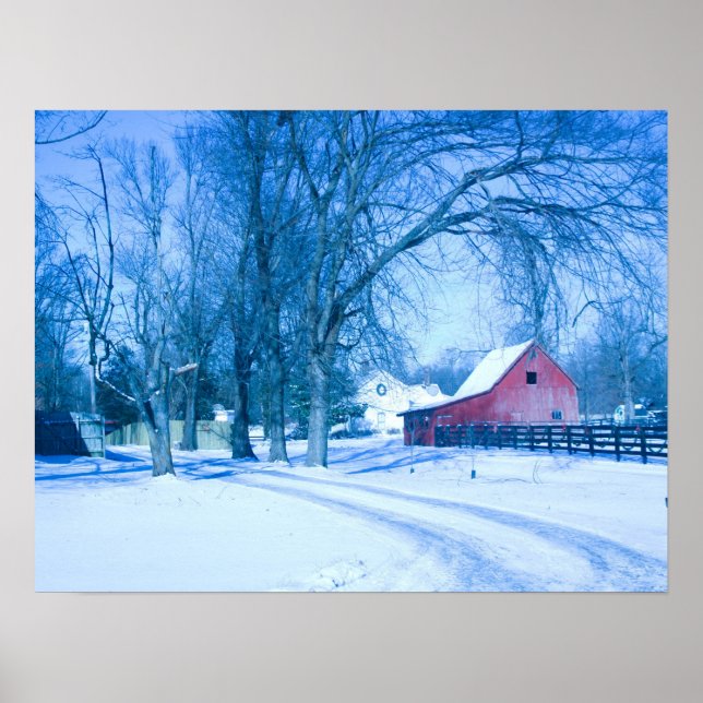 Wintery scene showing red barn in snow. poster (Front)