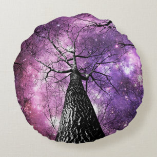 Wintry Trees Purple Pink Galaxy Skies Round Cushion