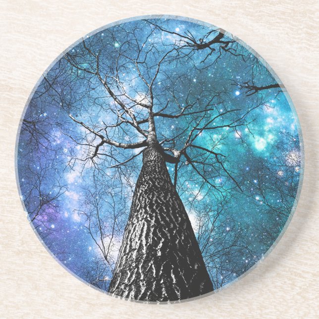 Wintry Trees Turquoise Teal Galaxy Skies Coaster (Front)