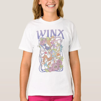Winx Club Main Cast Fairy Poses Distressed Floral  T-Shirt