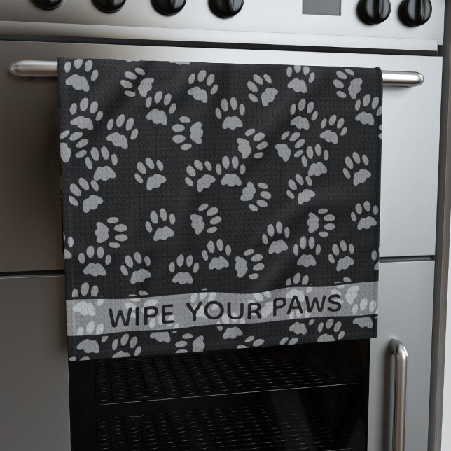 Wipe Your Paws Black Cat Paw Print Kitchen Towels (Wipe your paws! You can change the text to your name)