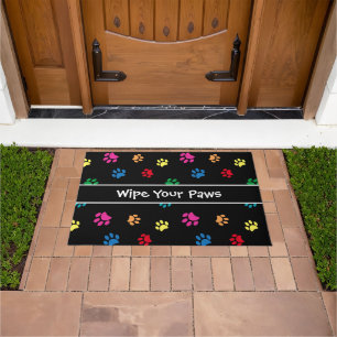Wipe Your Paws Colourful Paw Prints Pattern Black Doormat