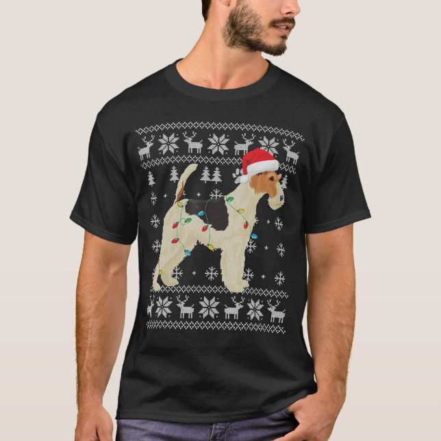 Wire Fox Terrier Christmas Lights Santa Hat T-Shirt (Front)