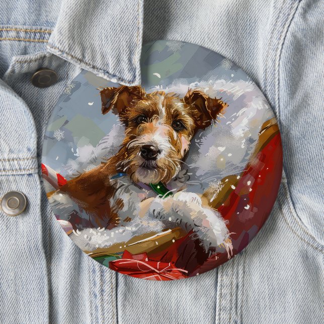 Wire Fox Terrier Dog Christmas Festive  6 Cm Round Badge (In Situ)
