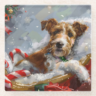 Wire Fox Terrier Dog Christmas Festive Glass Coaster