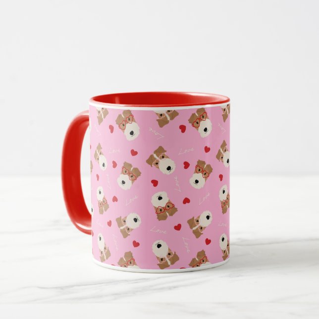 Wire Fox Terrier Dog Heart Glasses Pattern Pink Mug (Front Left)