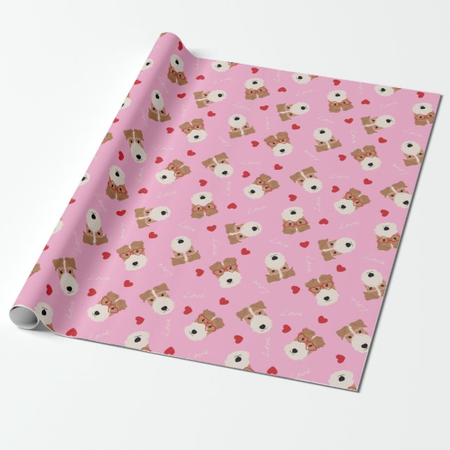 Wire Fox Terrier Dog Heart Glasses Pattern Pink Wrapping Paper (Unrolled)