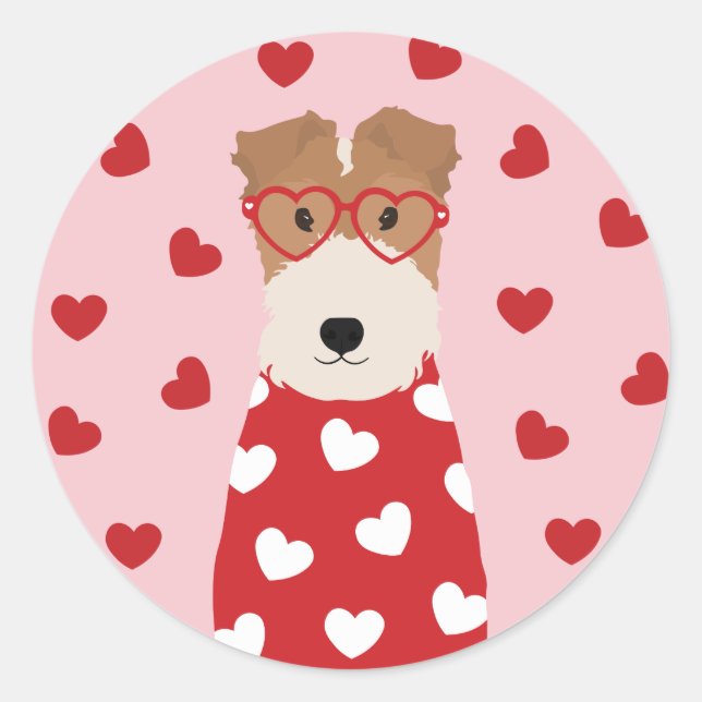 Wire Fox Terrier Dog Heart Glasses Pink  Classic Round Sticker (Front)