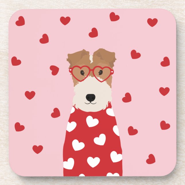 Wire Fox Terrier Dog Heart Glasses Pink Red Coaster (Front)