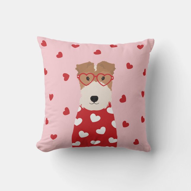 Wire Fox Terrier Dog Heart Glasses Pink Red Cushion (Front)