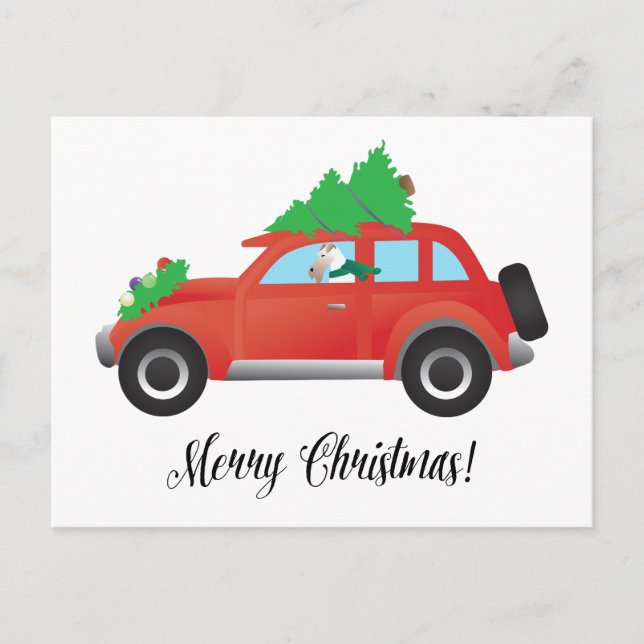 Wire Fox Terrier Driving a Christmas Car Holiday Postcard (Front)