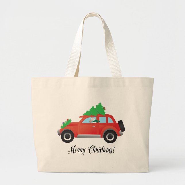 Wire Fox Terrier Driving a Christmas Car Large Tote Bag (Front)