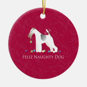 Wire Fox Terrier Feliz Naughty Dog Christmas Ceramic Tree Decoration
