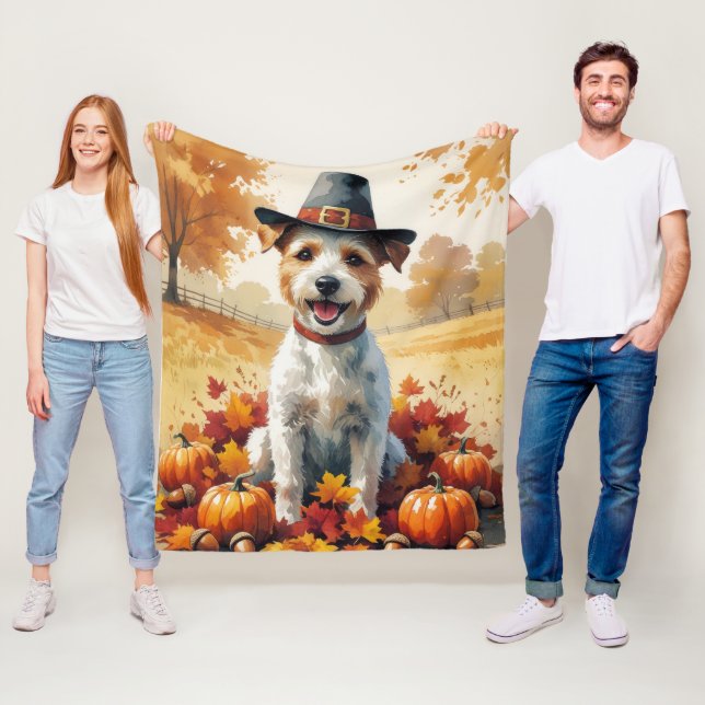 Wire Fox Terrier In Autumn Leaves Thanksgiving Art Fleece Blanket (In Situ)
