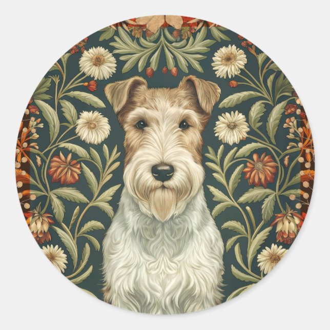 Wire Fox Terrier in William Morris Floral Style Classic Round Sticker (Front)