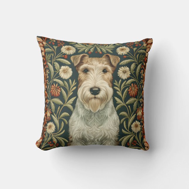 Wire Fox Terrier in William Morris Floral Style Cushion (Front)
