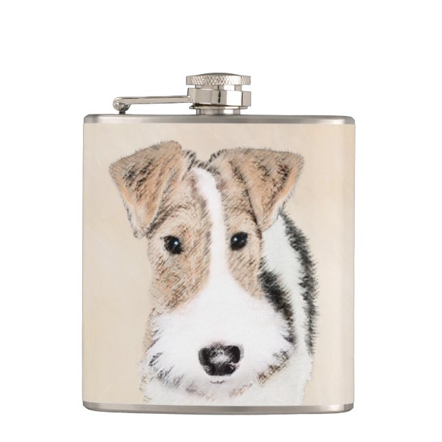 Wire Fox Terrier Painting - Cute Original Dog Art Hip Flask (Front)