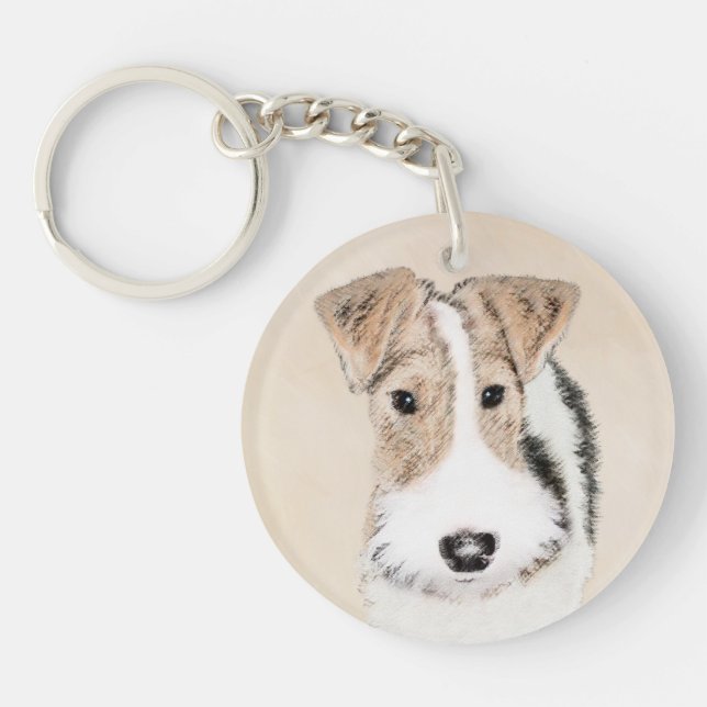 Wire Fox Terrier Painting - Cute Original Dog Art Key Ring (Front)
