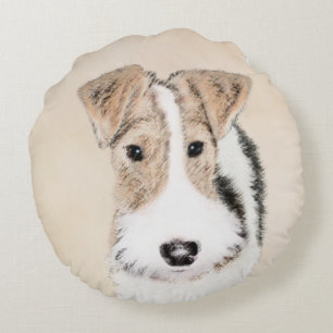 Wire Fox Terrier Painting - Cute Original Dog Art Round Cushion