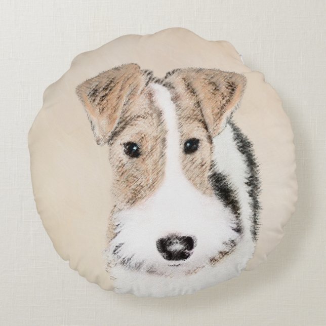 Wire Fox Terrier Painting - Cute Original Dog Art Round Cushion (Back)