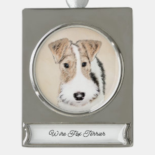 Wire Fox Terrier Painting - Cute Original Dog Art  Silver Plated Banner Ornament