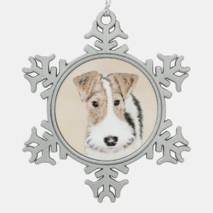 Wire Fox Terrier Painting - Cute Original Dog Art Snowflake Pewter Christmas Ornament