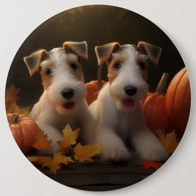 Wire Fox Terrier Puppy Autumn Delight Pumpkin 6 Cm Round Badge (Front)
