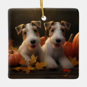 Wire Fox Terrier Puppy Autumn Delight Pumpkin Ceramic Ornament