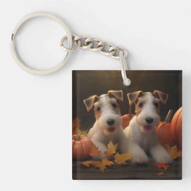 Wire Fox Terrier Puppy Autumn Delight Pumpkin Key Ring (Front)
