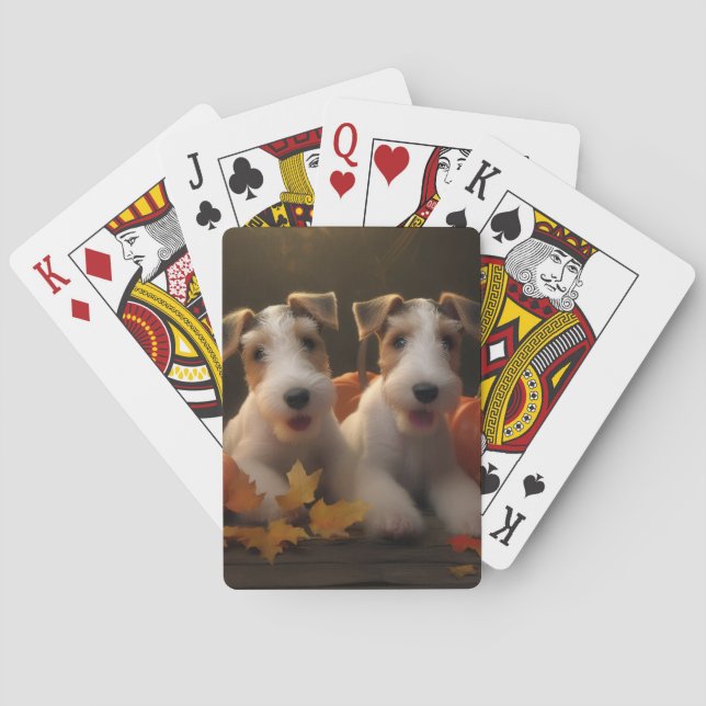 Wire Fox Terrier Puppy Autumn Delight Pumpkin Playing Cards (Back)