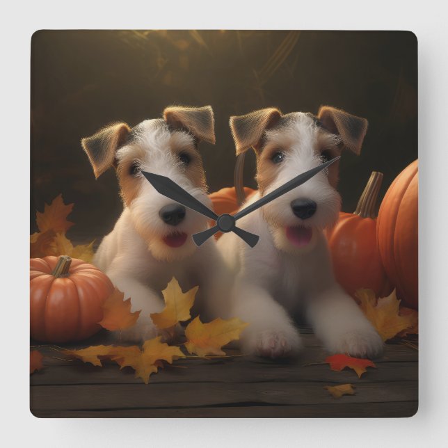 Wire Fox Terrier Puppy Autumn Delight Pumpkin Square Wall Clock (Front)