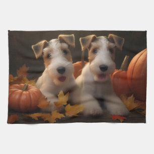 Wire Fox Terrier Puppy Autumn Delight Pumpkin Tea Towel