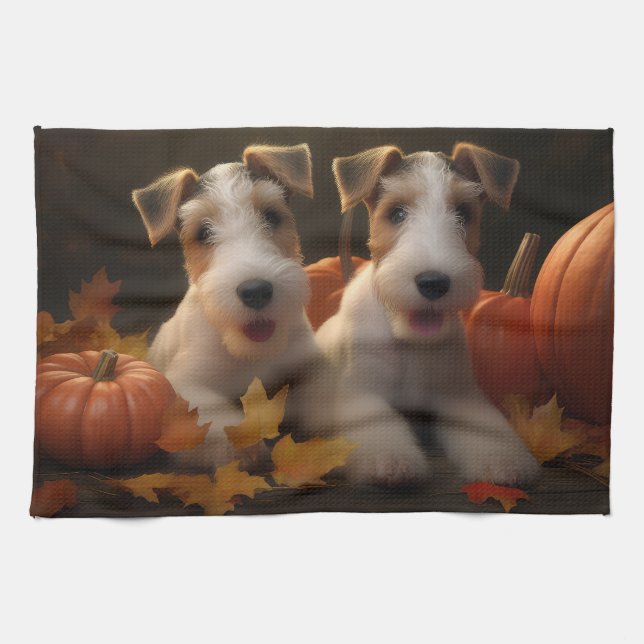 Wire Fox Terrier Puppy Autumn Delight Pumpkin Tea Towel (Horizontal)