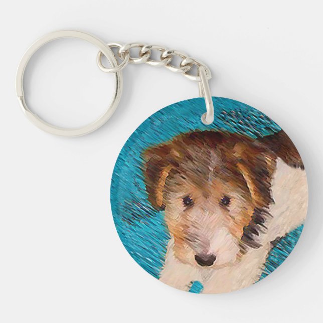 Wire Fox Terrier Puppy Painting - Original Dog Art Key Ring (Front)