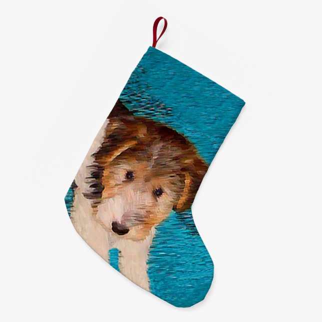 Wire Fox Terrier Puppy Painting - Original Dog Art Small Christmas Stocking (Front (Hanging))