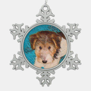 Wire Fox Terrier Puppy Painting - Original Dog Art Snowflake Pewter Christmas Ornament