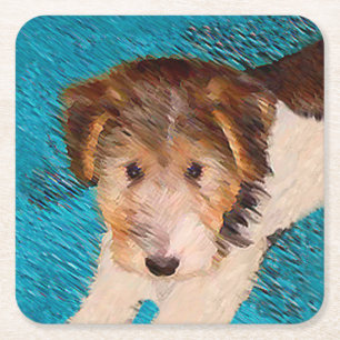 Wire Fox Terrier Puppy Painting - Original Dog Art Square Paper Coaster